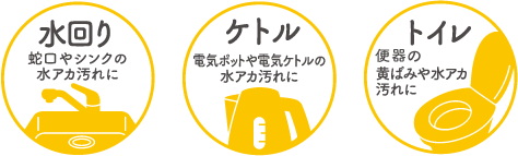 水回り 蛇口やシンクの水アカ汚れに ケトル 電気ポッドや電気ケトルの水アカ汚れに トイレ トイレの黄ばみや水アカ汚れに