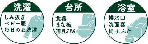 漂白 衣類の漂白しみ抜き 消臭 排水口の除菌・消臭 除菌 まな板、食器の除菌・消臭