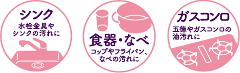 シンク 水栓金具やシンクの汚れに 食器・なべ コップやフライパン、なべの汚れに ガスコンロ 五徳やガスコンロの油汚れに