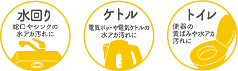 水回り 蛇口やシンクの水アカ汚れに ケトル 電気ポットや電気ケトルの水アカ汚れに トイレ トイレの黄ばみ水アカに