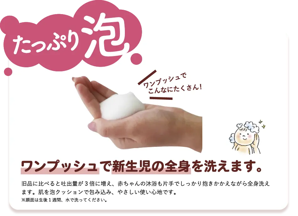 たっぷり泡3倍※になりました！ 泡3倍※になって、使いやすくなりました! ※当社旧品「ベビーソープ泡タイプ400ｍL」と比較 ワンプッシュで赤ちゃんの全身を洗えます。 たっぷり泡なので、赤ちゃんの沐浴も片手でしっかり抱きかかえながら全身洗えます。肌を泡クッションで包み込み、やさしい使い心地です。 ※顔面は生後1週間、水で洗ってください。