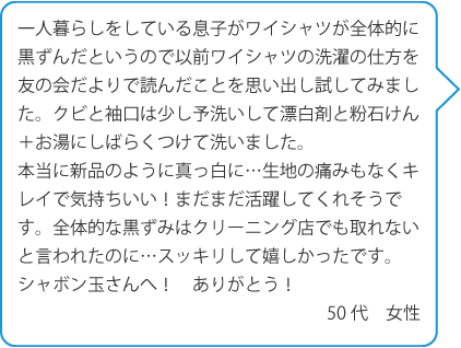 一人暮らしをしている息子がワイシャツが全体的に黒ずんだというので以前ワイシャツの洗濯の仕方を友の会だよりで読んだことを思い出し試してみました。クビと袖口は少し予洗いして漂白剤と粉石けん+お湯にしばらくつけて洗いました。本当に新品のように真っ白に…生地の痛みもなくキレイで気持ちいい!まだまだ活躍してくれそうです。全体的な黒ずみはクリーニング店でも取れないと言われたのに…スッキリして嬉しかったです。シャボン玉さんへ!ありがとう!50代 女性
