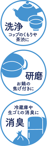 洗浄 コップのくもりや茶渋に 研磨 お鍋の焦げ付きに 消臭 冷蔵庫や生ゴミの消臭に