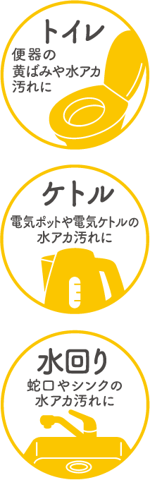 水回り 蛇口やシンクの水アカ汚れに ケトル 電気ポッドや電気ケトルの水アカ汚れに トイレ トイレの黄ばみや水アカ汚れに