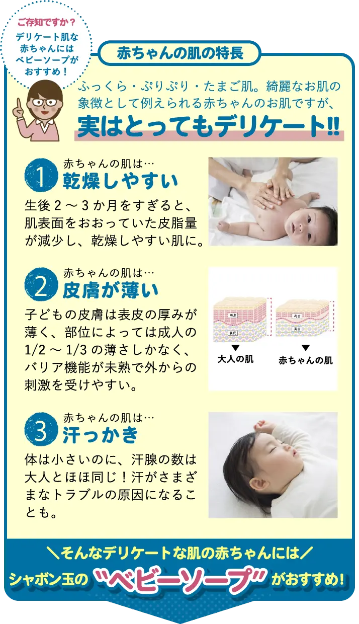 ご存知ですか？赤ちゃんのようなデリケートな肌には“ベビーソープ”がおすすめ! 赤ちゃんの肌の特長 ふっくら・ぷりぷり・たまご肌。綺麗なお肌の象徴として例えられる赤ちゃんのお肌ですが、実はとってもデリケート!! 1.赤ちゃんの肌は…乾燥しやすい 生後2～3か月をすぎると、肌表面をおおっていた皮脂量が減少し、乾燥しやすい肌に。 2.赤ちゃんの肌は…皮膚が薄い 子どもの皮膚は表皮の厚みが薄く、部位によっては成人の1/2～1/3の薄さしかなく、バリア機能が未熟で外からの刺激を受けやすい。 3.赤ちゃんの肌は…汗っかき 体は小さいのに、汗腺の数は大人とほほ同じ！汗がさまざまなトラブルの原因になることも。 そんなデリケートな肌の赤ちゃんにはシャボン玉の“ベビーソープ”がおすすめ！